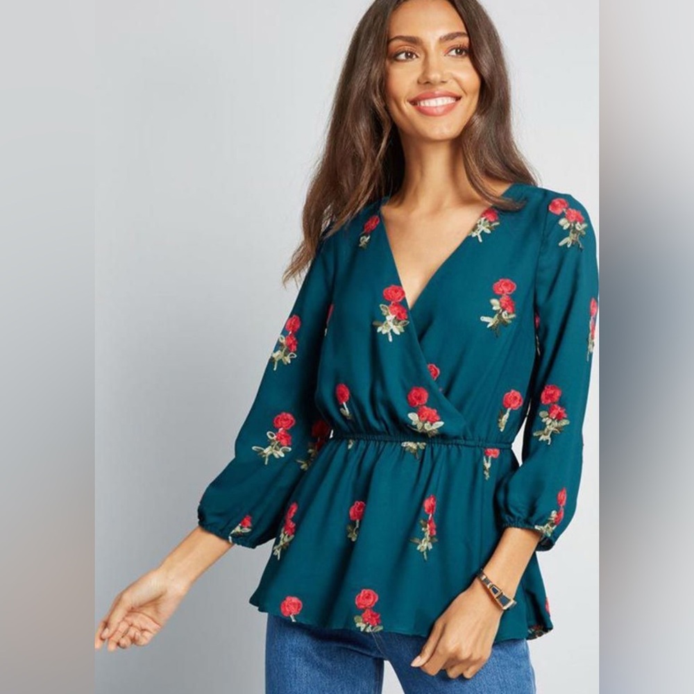 ModCloth Teal Long Sleeve Faux Wrap Peplum Rose Embroidered Blouse Large
